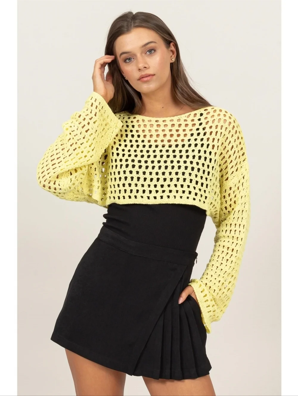 Yellow Open Knit Crochet Crop Top Long Sleeve Y2k Sweater Shrug